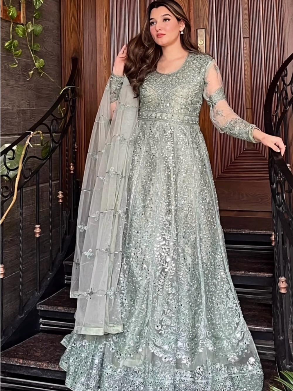 Sage Green Embellished Maxi Dress with Sheer Sleeves